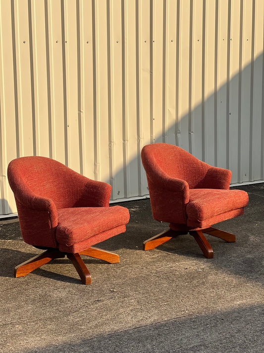 Vintage 1970s Vermillion Tweed Swivel Chairs